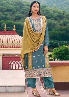 Readymade Blue Embroidered Palazzo Suit In Chiffon