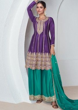 Purple Readymade Embroidered Palazzo Suit In Chiffon