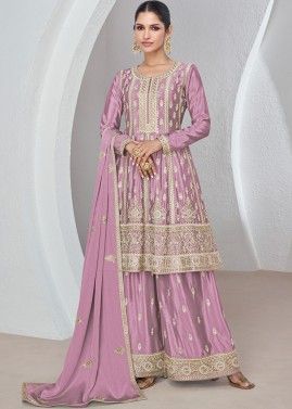 Purple Embroidered Palazzo Suit Set