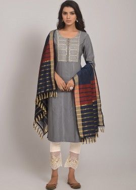 Grey Readymade Embroidered Pant Style Suit