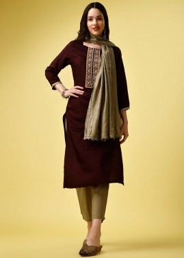 Wine Embroidered Readymade Pant Suit & Dupatta