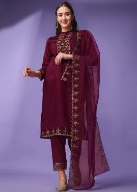 Readymade Wine Embroiedred Pant Style Suit