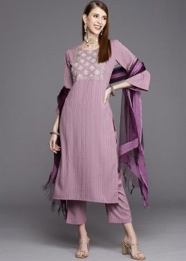 Readymade Purple Embroidered Pant Suit & Dupatta