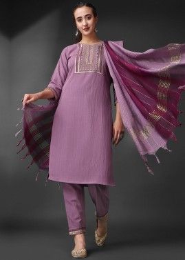 Readymade Purple Embroidered Pant Suit With Dupatta