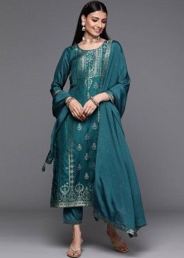 Teal Blue Readymade Woven Pant Suit
