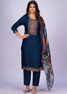 Navy Blue Embroidered Readymade Pant Suit