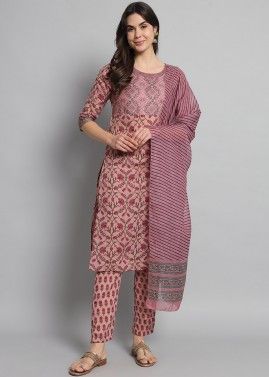 Readymade Peach Floral Printed Pant Suit In Cotton