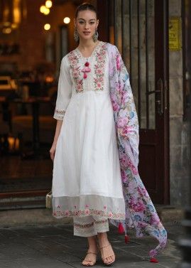 Readymade White Embroidered Pant Suit In Chanderi