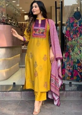 Yellow Readymade Embroidered Pant Suit Set