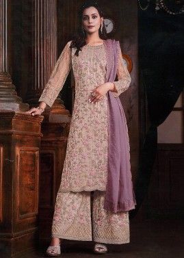 Pale Pink Embroidered Net Palazzo Suit Set