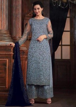 Blue Georgette Palazzo Suit In Dori Embroidery