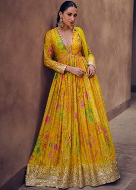 Readymade Yellow Floral Printed Anarkali Suit