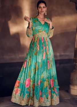 Readymade Blue Anarkali Suit In Floral Print