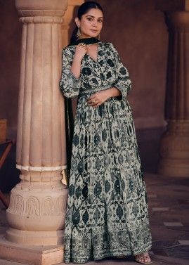 Green Floral Printed Readymade Anarkali Suit