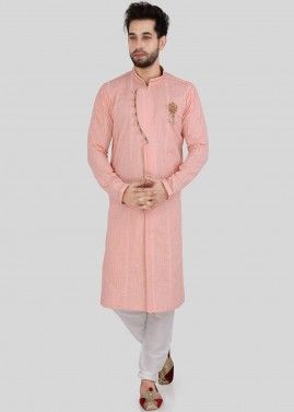 Embroidered Front Button Kurta Pajama in Peach