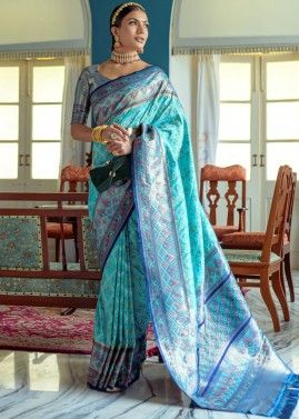 Blue Woven Detailed Saree In Banarasi Silk