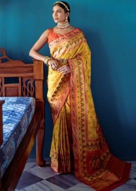 Yellow Woven Banarasi Silk Saree & Blouse