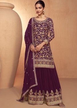 Wine Readymade Embroidered Sharara Suit