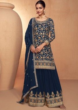 Navy Blue Embroidered Readymade Sharara Suit
