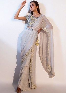 Grey Pre-Stitched Saree With Embroidered Blouse