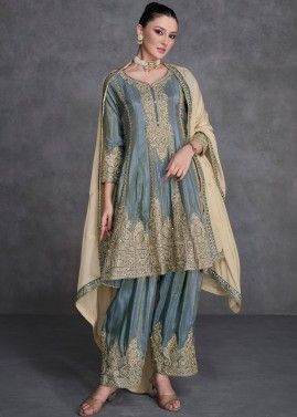 Readymade Stone Blue Embroidered Palazzo Suit
