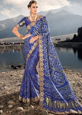 Blue Bandhej Printed Saree In Satin