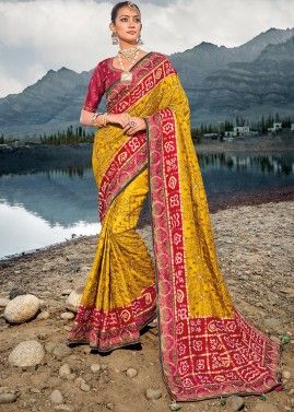 Yellow Embroidered Saree In Satin