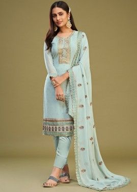 Blue Embroidered Pant SuitS Set