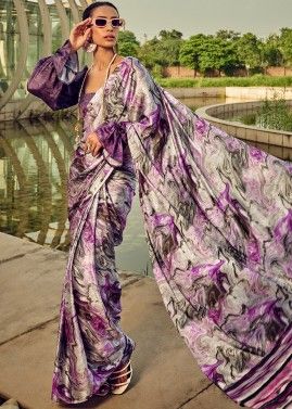Purple Digital Printed Saree In Satin Silk
