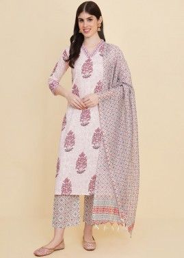 White Printed Suit Set In Cotton