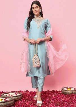 Readymade Blue Embroidered Silk Blend Pant Suit