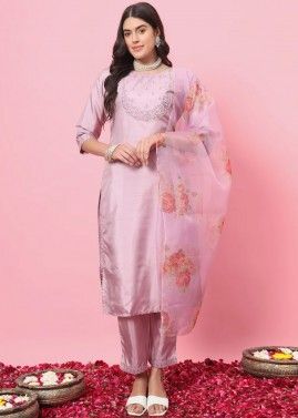 Lavender Readymade Art Silk Embroidered Pant Suit