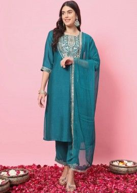 Teal Blue Readymade Art Silk Pant Suit In Thread Embroidery