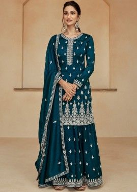 Blue Embroidered Sharara Suit Set