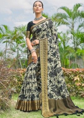 Black Art Silk Saree In Digital Floral Print