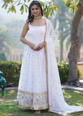 White Readymade Embroidered Georgette Anarkali Suit