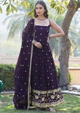 Purple Readymade Embroidered Anarkali Suit In Georgette