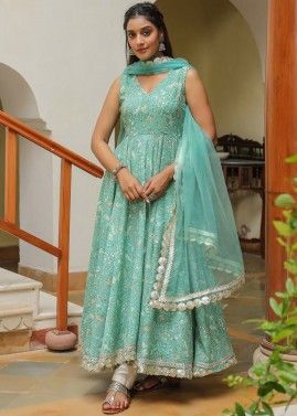 Mint Green Floral Printed Readymade Anarkali Suit