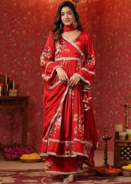 Readymade Maroon Floral Printed Angrakha Style Suit