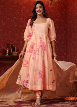 Readymade Peach Chanderi Anarkali Suit In Floral Print