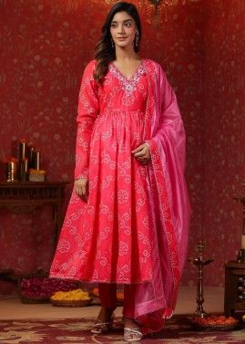 Pink Readymade Bandhej Printed Anarkali Style Suit