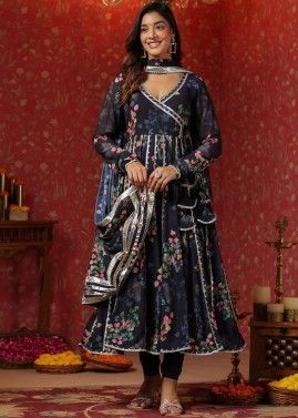 Blue Printed Anarkali Suit Set In Georgette