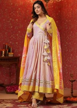 Pink Floral Printed Anarkali Suit Set In Cotton