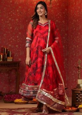 Red Printed Anarkali Suit Set In Organza