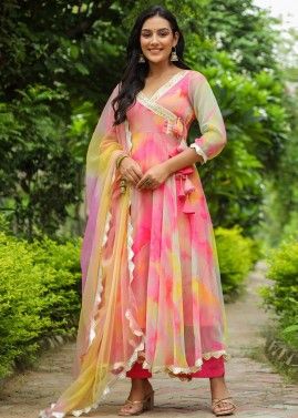 Pink Tie-Dye Printed Anarkali Suit Set