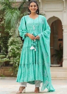 Green Bandhej Printed Anarkali Suit Set