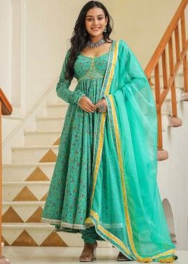 Green Floral Printed Anarkali Suit Set