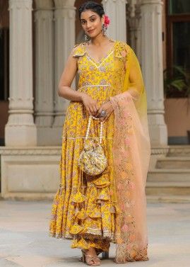 Yellow Floral Printed Anarkali Suit Set