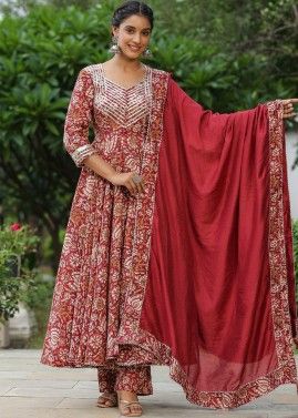 Red Printed Anarkali Suit Set