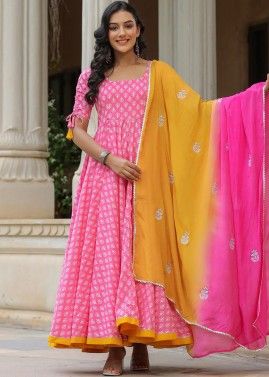 Pink Printed Anarkali Suit Set In Cotton
